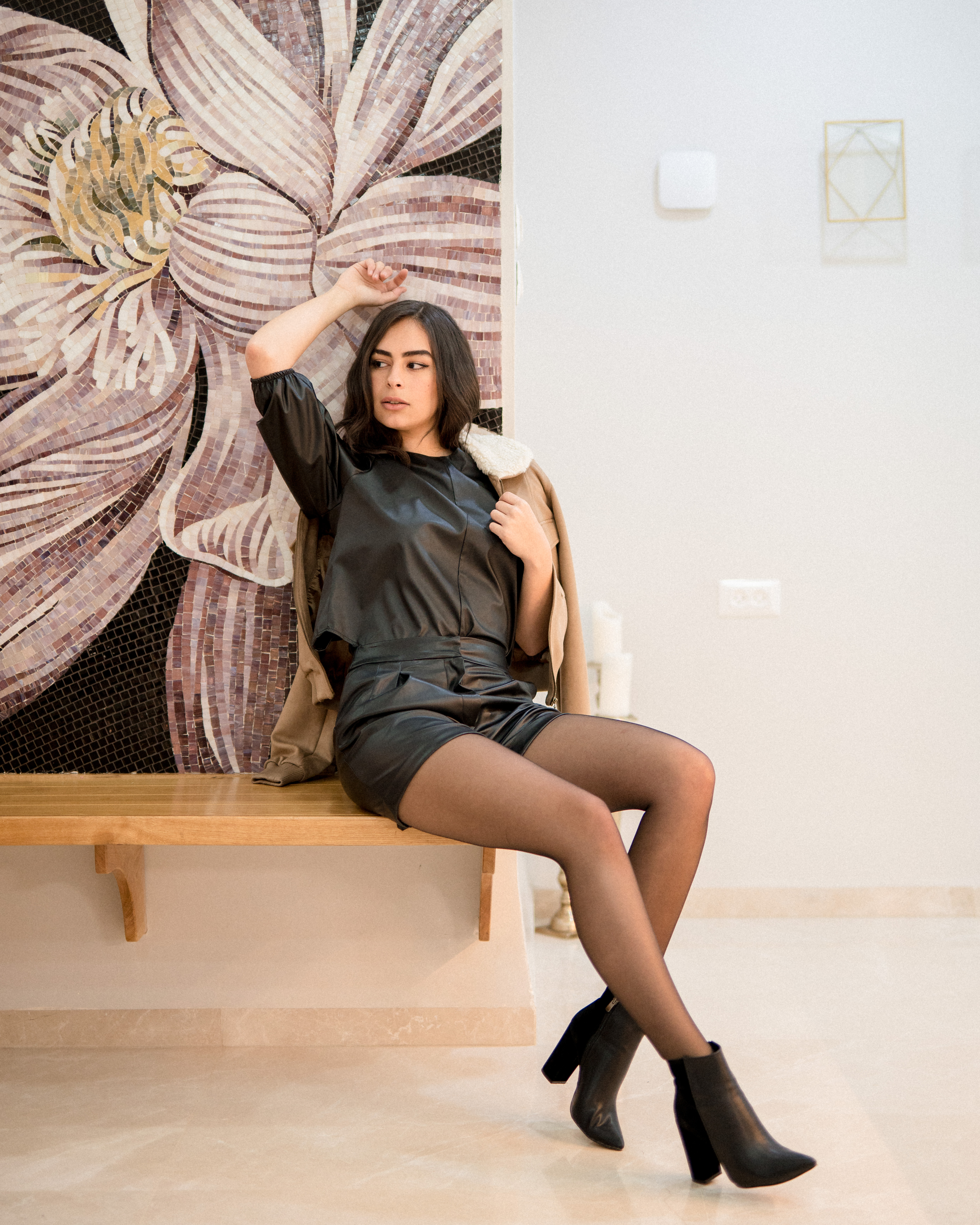 Faux-Leather Set with Draped Coat