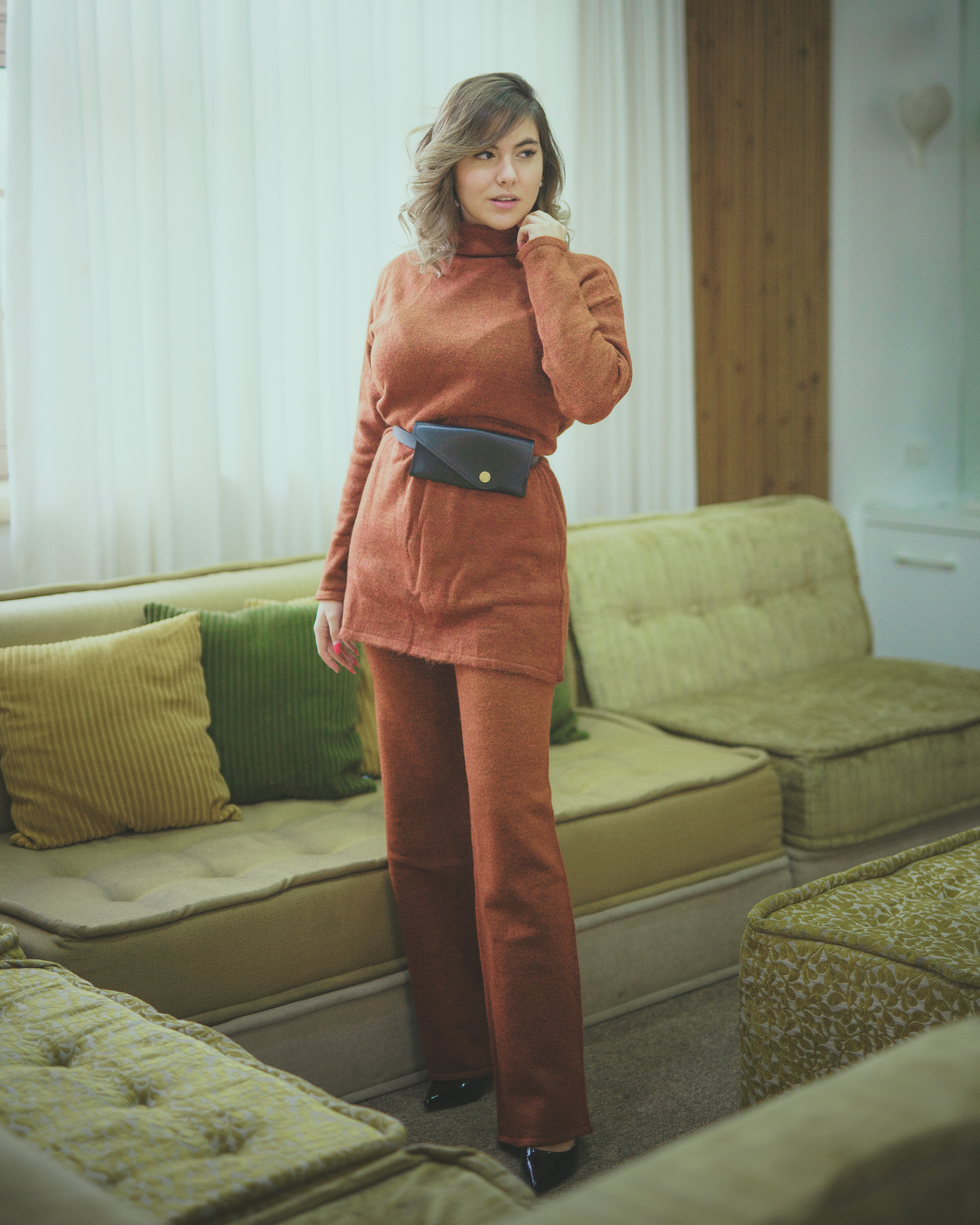 Rust-Toned High-Neck Set & Belt Bag