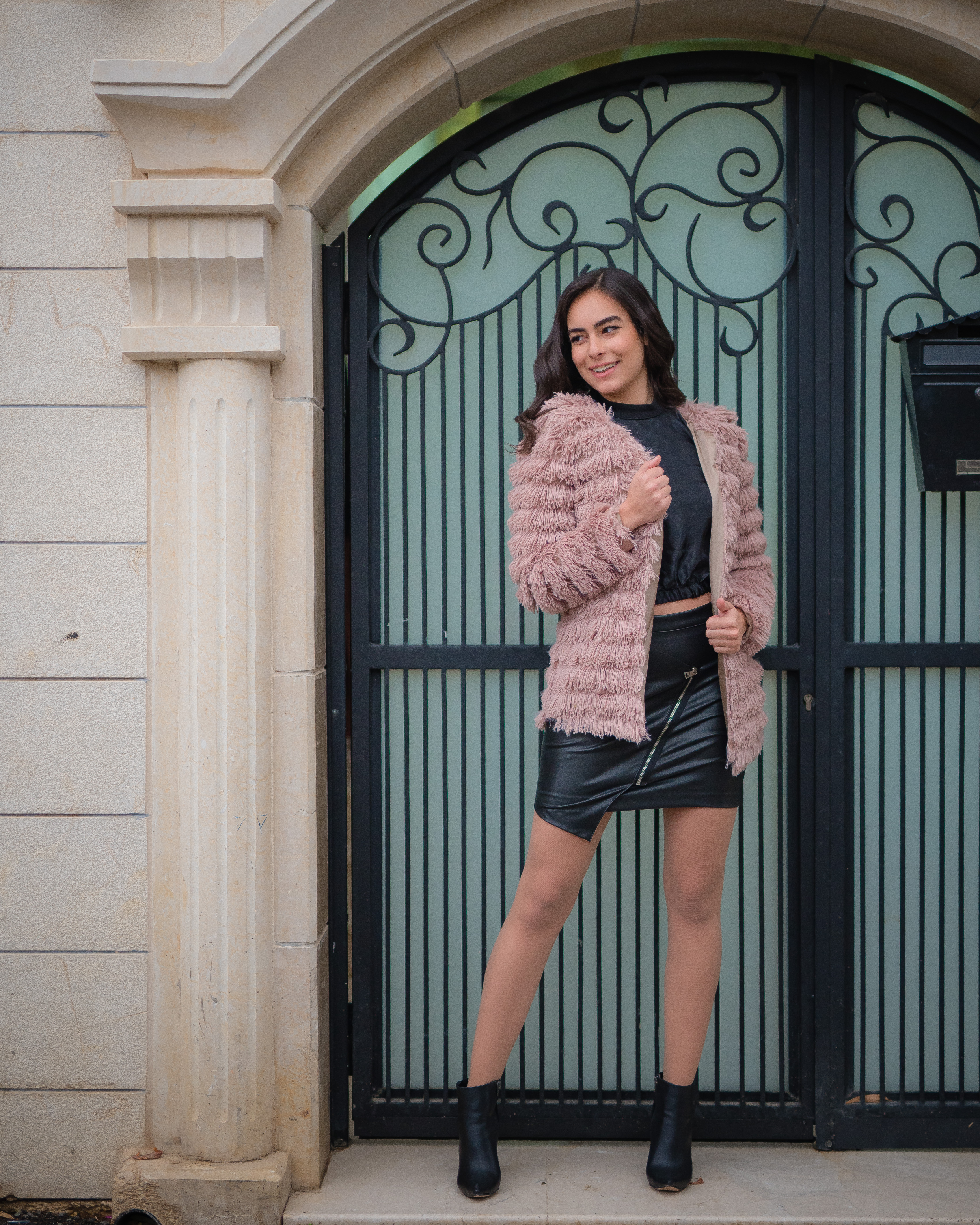 Pink Jacket & Black Leather Mini Skirt