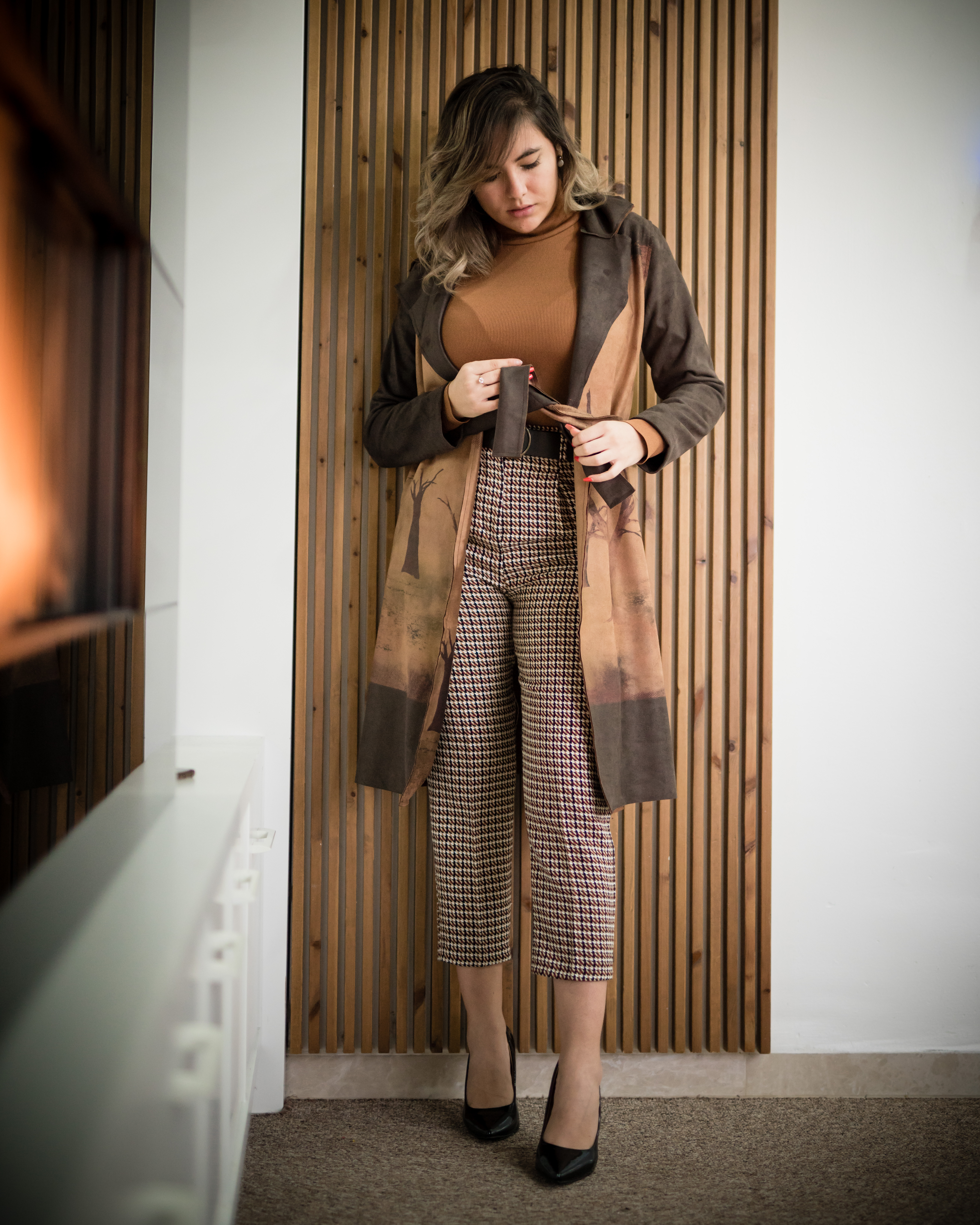 Camel Knit Top & Printed Coat