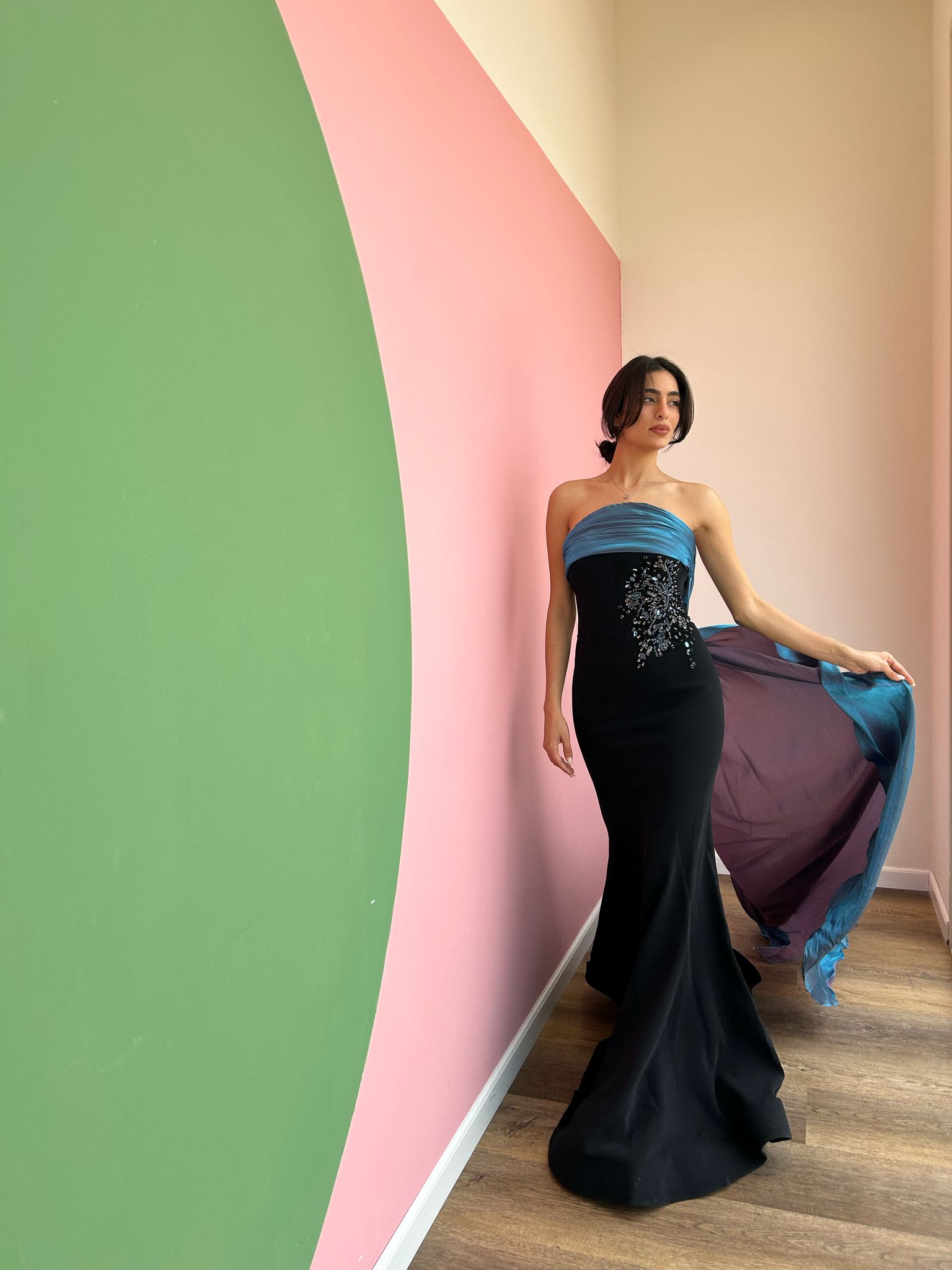 Strapless Black Gown with Blue Bodice