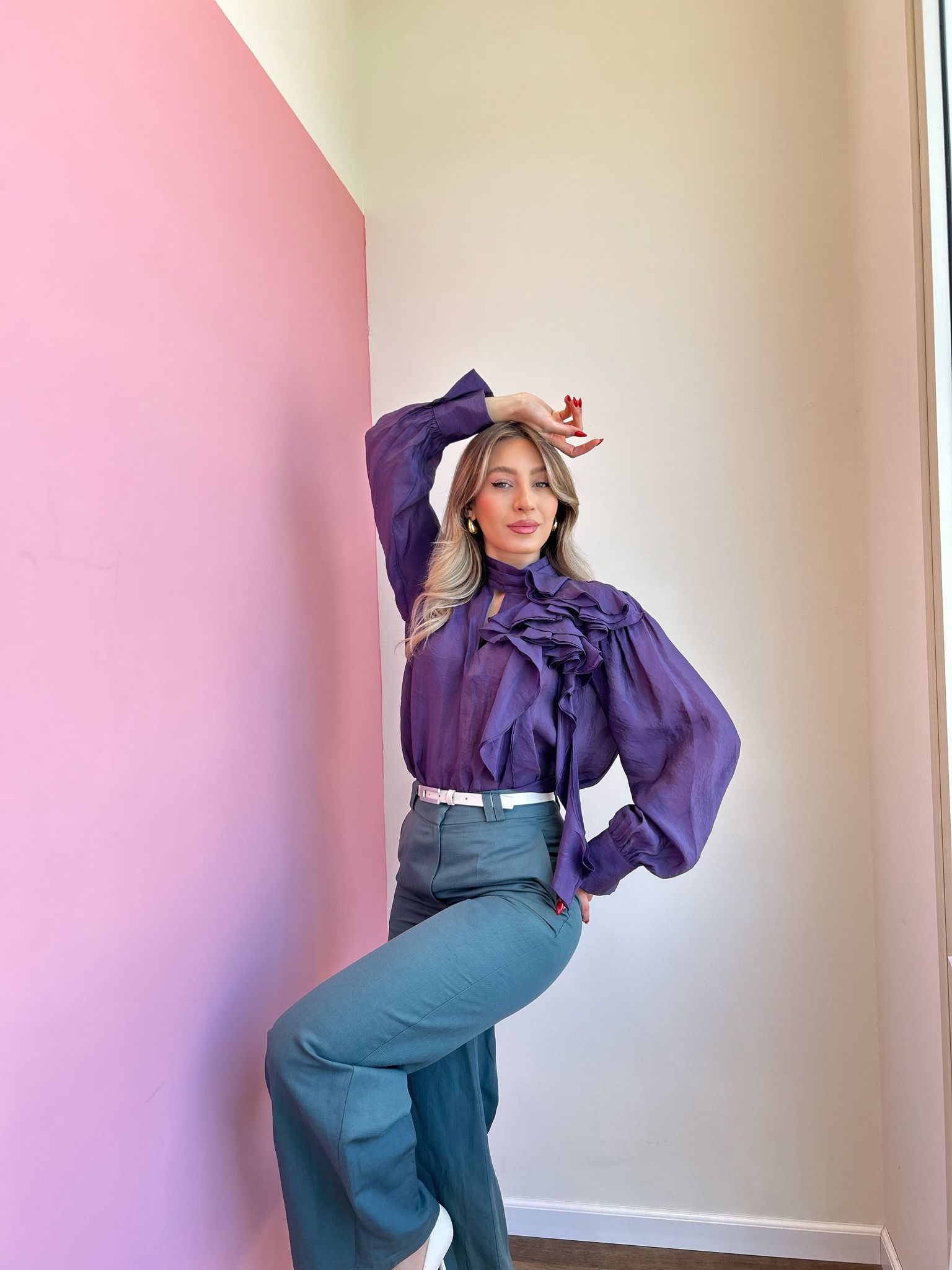 Violet Blouse & Teal Trousers