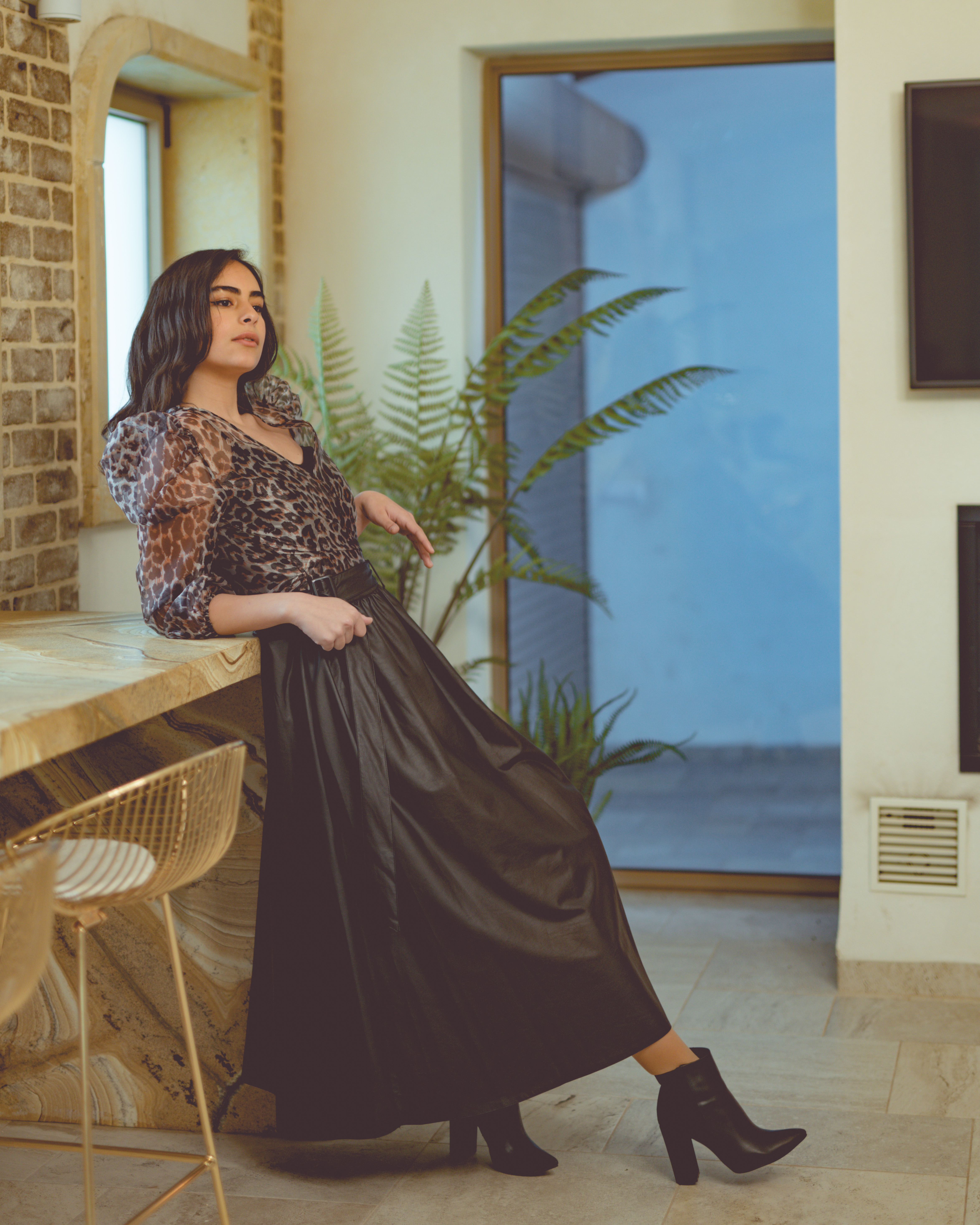 Sheer Leopard Top & Black Midi Skirt